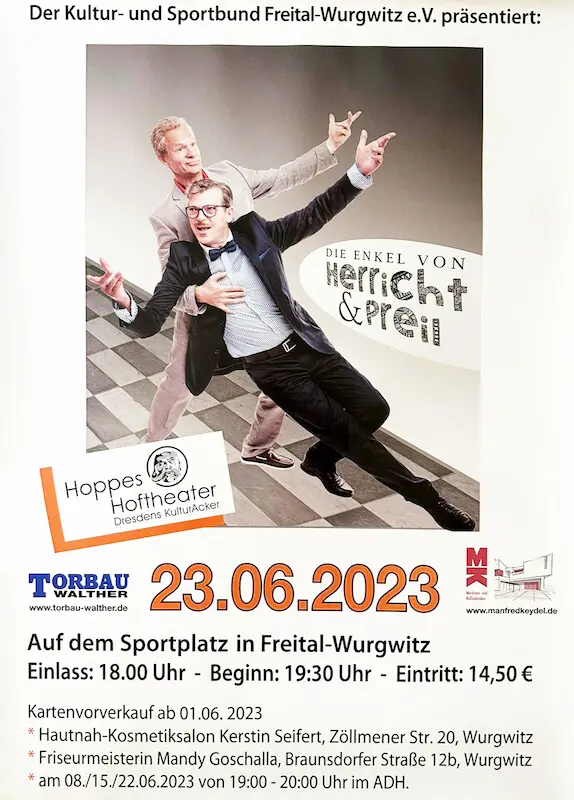 Veranstaltungsposter mit den Enkeln von Herricht & Preil, einem bekannten Komiker-Duo, das für seine humorvollen Auftritte bekannt ist.
